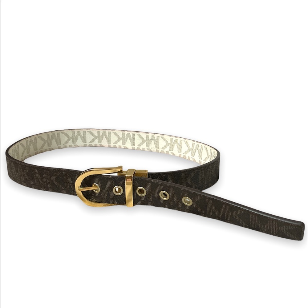 Michael Kors Reversible Brown and White Leather Belt with Gold Buckle
